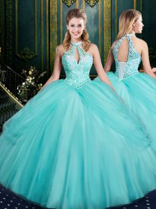 High Quality Beading and Pick Ups Quinceanera Dresses Aqua Blue Lace Up Sleeveless Floor Length