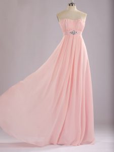 Baby Pink Chiffon Zipper Sweetheart Sleeveless Floor Length Vestidos de Damas Beading and Ruching
