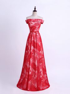 Pattern Damas Dress Red Lace Up Sleeveless Floor Length