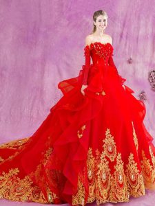 Discount Red Ball Gowns Off The Shoulder Sleeveless Tulle Court Train Lace Up Appliques and Ruffles Vestidos de Quinceanera