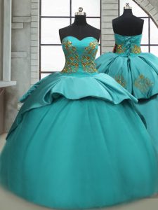 Stylish Turquoise Sweetheart Lace Up Beading and Appliques Quinceanera Gowns Sweep Train Sleeveless