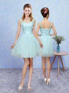 Smart Tulle Straps Sleeveless Lace Up Appliques Dama Dress for Quinceanera in Aqua Blue