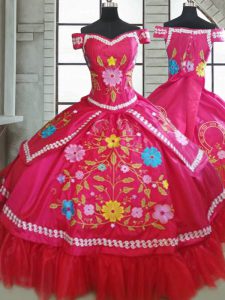 Modest Hot Pink Short Sleeves Beading and Embroidery Floor Length Quinceanera Dresses