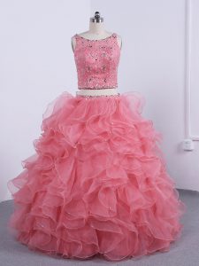 Watermelon Red Scoop Neckline Beading and Ruffles Quinceanera Gown Sleeveless Zipper
