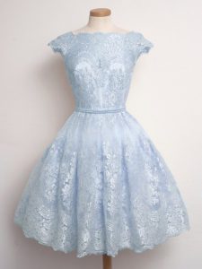 Fashionable A-line Quinceanera Court of Honor Dress Light Blue Scalloped Lace Cap Sleeves Knee Length Lace Up