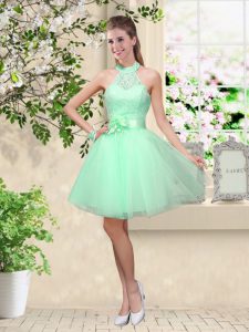 Best Apple Green A-line Halter Top Sleeveless Tulle Knee Length Lace Up Lace and Belt Quinceanera Dama Dress