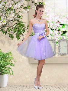 Colorful Lilac Sleeveless Tulle Lace Up Quinceanera Dama Dress for Prom and Party