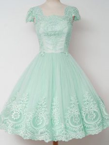Clearance Square Cap Sleeves Zipper Court Dresses for Sweet 16 Apple Green Tulle