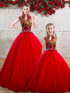 Exquisite Red Organza Lace Up High-neck Sleeveless Floor Length Quinceanera Dress Appliques