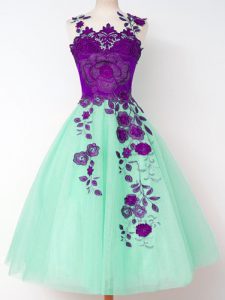 Apple Green Sleeveless Knee Length Appliques Lace Up Quinceanera Dama Dress