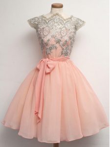 Sumptuous Peach Scalloped Neckline Lace and Belt Dama Dress for Quinceanera Cap Sleeves Zipper