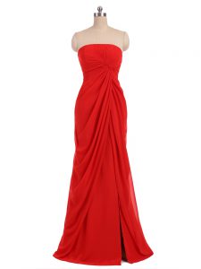Top Selling Red Chiffon Zipper Strapless Sleeveless Floor Length Dama Dress Ruching