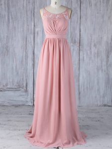 Popular Floor Length Pink Quinceanera Court of Honor Dress Chiffon Sleeveless Appliques