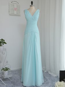 Glorious Aqua Blue Zipper V-neck Ruching Quinceanera Court of Honor Dress Chiffon Sleeveless