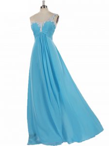 Floor Length Aqua Blue Quinceanera Court Dresses One Shoulder Sleeveless Zipper