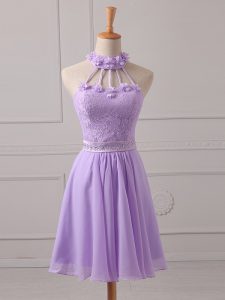 Eye-catching Mini Length Lace Up Court Dresses for Sweet 16 Lavender for Prom and Party and Wedding Party with Lace and Appliques