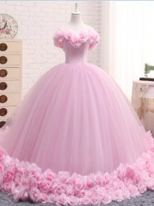 Sleeveless Brush Train Hand Made Flower Lace Up Quinceanera Dress