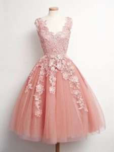 Latest Peach Vestidos de Damas Prom and Party and Wedding Party with Lace V-neck Sleeveless Lace Up