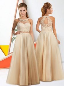 Luxury Sleeveless Floor Length Lace Zipper Vestidos de Damas with Champagne