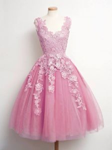 Pink V-neck Neckline Lace Quinceanera Court Dresses Sleeveless Lace Up
