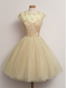 Champagne Scoop Lace Up Lace Quinceanera Court of Honor Dress Cap Sleeves