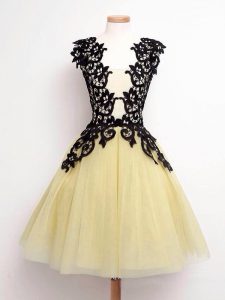 Exquisite Gold Lace Up Damas Dress Lace Sleeveless Knee Length