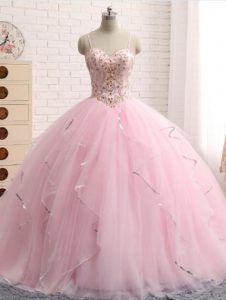 Sleeveless Brush Train Lace Up Beading and Ruffles Quinceanera Dresses