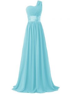 Aqua Blue Chiffon Lace Up Court Dresses for Sweet 16 Sleeveless Floor Length Ruching