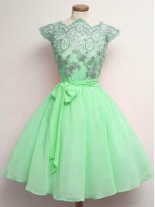 Dramatic Apple Green Chiffon Lace Up Scalloped Cap Sleeves Knee Length Vestidos de Damas Lace and Belt