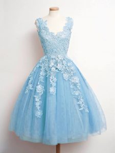 Baby Blue A-line Lace Quinceanera Court of Honor Dress Lace Up Tulle Sleeveless Knee Length