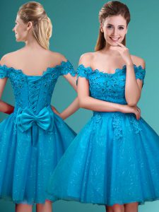New Style Off The Shoulder Cap Sleeves Tulle Dama Dress for Quinceanera Lace and Belt Lace Up