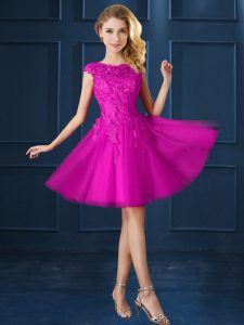 A-line Quinceanera Court Dresses Fuchsia Bateau Tulle Cap Sleeves Knee Length Lace Up