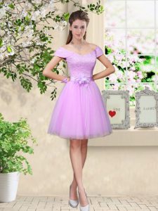 Cute Lilac Lace Up Quinceanera Dama Dress Lace and Belt Cap Sleeves Knee Length