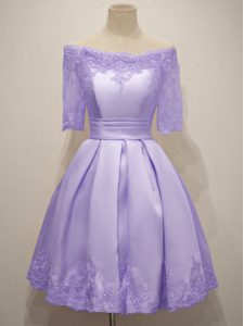 Lavender A-line Taffeta Off The Shoulder Half Sleeves Lace Knee Length Lace Up Court Dresses for Sweet 16