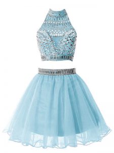 Light Blue Quinceanera Court Dresses Party and Wedding Party with Beading High-neck Sleeveless Zipper