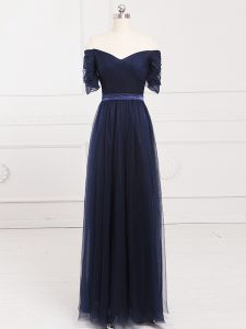 Off The Shoulder Short Sleeves Dama Dress for Quinceanera Floor Length Ruching Navy Blue Tulle