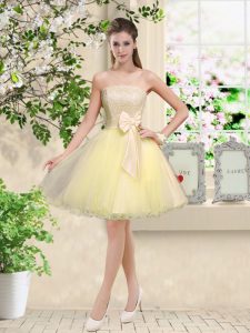 Modest Light Yellow Organza Lace Up Court Dresses for Sweet 16 Sleeveless Knee Length Lace and Belt