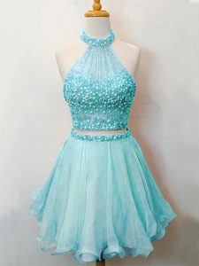 Edgy Knee Length Lace Up Court Dresses for Sweet 16 Aqua Blue for Prom and Party and Wedding Party with Beading