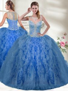 Modern Blue Ball Gowns Scoop Sleeveless Organza Floor Length Zipper Beading and Ruffles Sweet 16 Dresses
