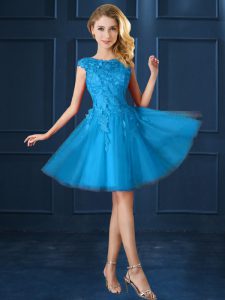 Baby Blue Lace Up Dama Dress for Quinceanera Lace and Belt Cap Sleeves Knee Length