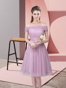 Lavender Vestidos de Damas Prom and Party and Wedding Party with Ruching and Belt Off The Shoulder Sleeveless Side Zipper