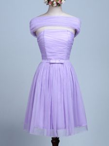 Popular Lavender Empire Tulle Strapless Sleeveless Belt Mini Length Side Zipper Vestidos de Damas