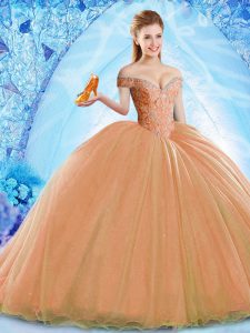 New Style Orange Quince Ball Gowns Military Ball and Sweet 16 and Quinceanera with Beading Off The Shoulder Sleeveless Brush Train Lace Up