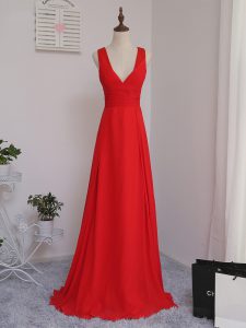 Red Empire V-neck Sleeveless Chiffon Floor Length Zipper Ruching Vestidos de Damas