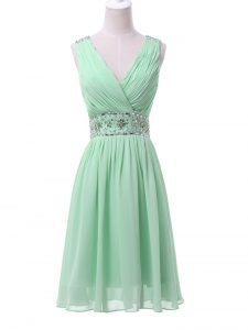 Apple Green Empire Chiffon V-neck Sleeveless Beading and Ruching Knee Length Zipper Damas Dress