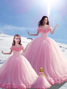 Sexy Baby Pink Ball Gown Prom Dress Military Ball and Sweet 16 and Quinceanera with Hand Made Flower Off The Shoulder Sleeveless Brush Train Lace Up
