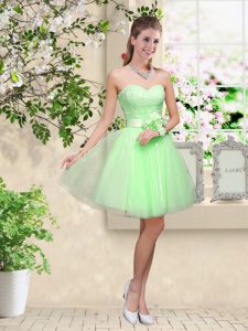 Cheap Tulle Lace Up Sweetheart Sleeveless Knee Length Dama Dress for Quinceanera Lace and Belt