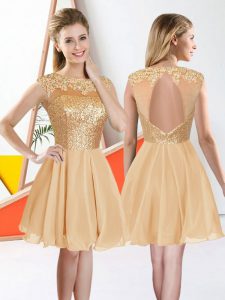 Champagne Chiffon Backless Quinceanera Dama Dress Sleeveless Knee Length Beading and Lace