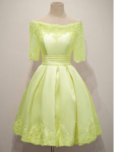 Knee Length Lace Up Vestidos de Damas Yellow for Prom and Party and Wedding Party with Lace