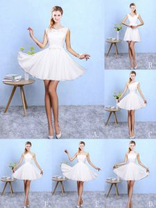 Attractive Sleeveless Chiffon Knee Length Lace Up Dama Dress for Quinceanera in White with Lace and Appliques